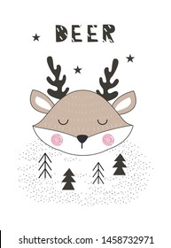 Postcard with a deer in the Scandinavian style. Vector illustration, with images of animals and wildlife, for printing on pictures, packaging, fabrics, interior items. Cute baby background.