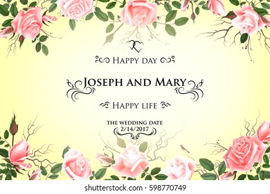 Postcard with delicate flowers roses. Wedding invitation, thank you, save the date cards, flyer, banner template, spring and summer background. Happy Birthday greeting card.