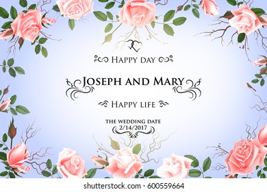 Postcard with delicate flowers roses. Wedding invitation, thank you, save the date cards, flyer, banner template, spring and summer background. Happy Birthday greeting card.