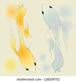 A postcard depicting fish. Symbols of yin and yang.
