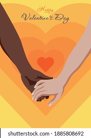 Postcard depicting two holding hands. International couple. Different skin color. Valentine's Day. Love