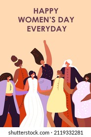 Diseño de postales para el 8 de marzo con comunidad de mujeres.Tarjeta de saludo vertical con inscripción del Día de la Mujer Feliz y grupo de feministas sonrientes diversas.Chicas confiables.Ilustración vectorial plana de color