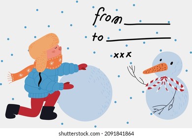 postcard design with boy and snowman, winter greetings with sign, isolated layers