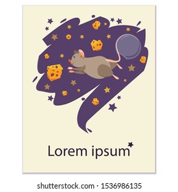 Postcard design with a cheerful rat. Cute little mouse. Merry mouse in space with cheese. Cartoon mouse catches cheese. Vector illustration. Postcard in 2020