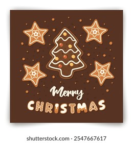 Postcard design with Christmas tree and star shape gingerbread cookies. Letters decorated with icing. Biscuit crumbs on brown background. New Year greeting card template. Vector illustration