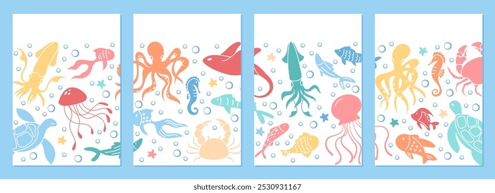 Postcard design with colorful underwater animals like jellyfish, octopus, and sea turtle. Ocean creatures in vibrant water reef color life, part of sea aquatic graphic template vector set.