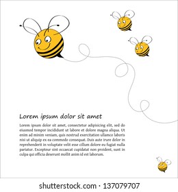 Postcard design with funny bees smiling, swirls and place for text. Square format. Can be used as a greetings card, book page or other.