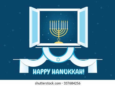 A postcard design for Hanukkah with menora with burning candles in a window