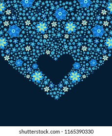 Postcard design with heart  and  blue flowers