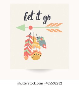 Postcard design with inspirational quote and bohemian colorful feathers, vector illustration