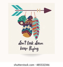 Postcard design with inspirational quote and bohemian colorful feathers, vector illustration