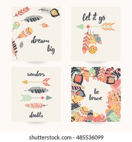 Postcard design with inspirational quote and bohemian colorful feathers, vector illustration