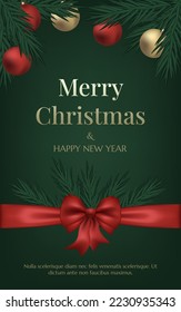Postcard design Merry Christmas and Happy New Year. Christmas tree, glass gold balls and an elegant red bow with ribbons on a green background. Spruce, cedar, pine fir tree branch. Banner template.