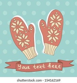 Postcard design with mittens on the polka dot background