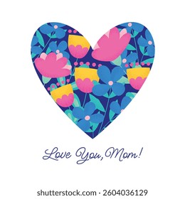 Postcard design for Mother's Day with flowers in a heart shape. Postcard with botanical decor. Vector spring holiday design