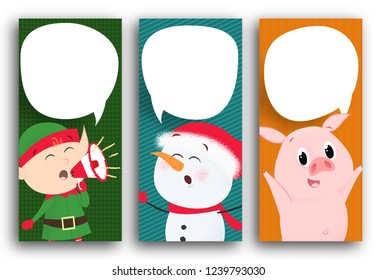 Postcard design with piglet, snowman and elf. Cartoon character of piglet, snowman and elf with white speech bubbles for text. Can be used for postcards, invitations, greeting cards