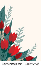 Postcard design with red flowers, tulips. International Women's Day, birthday, valentine's day, goodbye. Suitable for print, sale, application, web page, advertising. Place for text