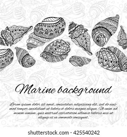 Postcard design with sea shells. Hand drawn vector illustration. Sketch sea shells elements with ornaments. Ocean background
