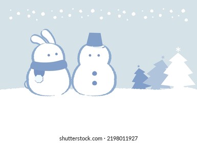 postcard design with snowman and rabbit in light blue background