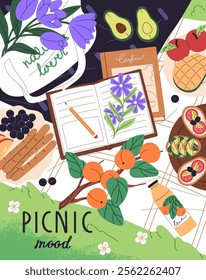 Postcard design with summer picnic on lawn. Card with food, snacks, drinks, fruits on blanket outdoors. Romantic date, breakfast, eating at nature on vacation, weekends. Flat vector illustration