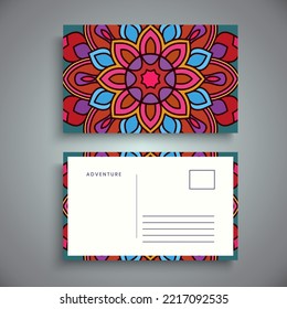 Postcard design template with arabesque floral mandala, Bright floral ornamental elements, Vector background template with ornamental mandala pattern design