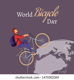Postcard design template for World Bicycle Day. Young man riding a bicycle on the dark background.  Perfect for card, poster, banner, flyer, cover.