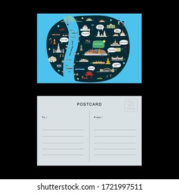 Postcard design. Tourist Map of Bangkok, Thailand with Landmarks. Vector illustration
