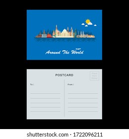 Postcard design. Travel to World. Travel composition with famous world landmarks