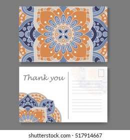 Postcard design with vintage decorative element. Template for greeting card. Mandala vector illustration
