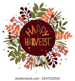 Postcard for design. Warm illustration, autumn, pumpkins, harvest, colorful leaves. Autumn seasonal postcards with leaves and floral elements in autumn colors.