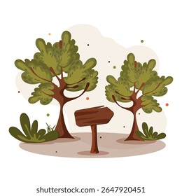 Postcard for design. Warm illustration, autumn, colorful leaves. Autumn seasonal postcard with a pointer and trees.