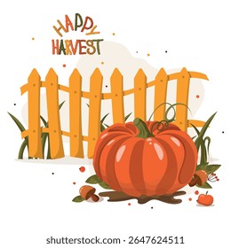 Postcard for design. Warm illustration, fence, autumn, pumpkins, harvest, colorful leaves. Autumn seasonal postcards with leaves and floral elements in autumn colors.