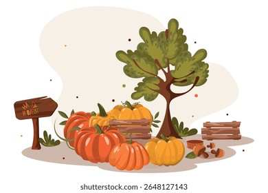 Postcard for design. Warm illustration, pumpkins, autumn, colorful leaves. Autumn seasonal postcard with a pointer and trees.