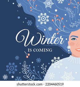 Postcard design with a young blue-Haired beautiful Girl and the inscription Winter is coming. Enjoy the Christmas concept. Vector illustration in flat style.
