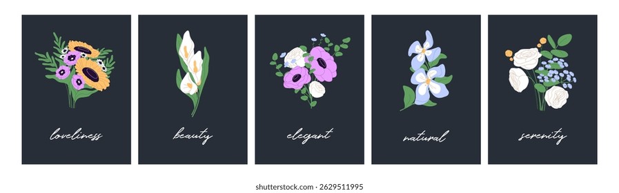 Postcard designs with flower bouquets set. Templates of greeting cards with bunches of wildflowers, posies of bloom meadow or garden plants. Layouts with floral decoration. Flat vector illustrations