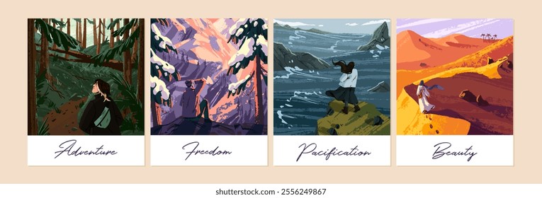 Postcard designs with nature views set. Forest, mountain, desert, sea landscapes in frame. Card templates with people travel, walk at peaceful sceneries in winter, summer. Flat vector illustrations.