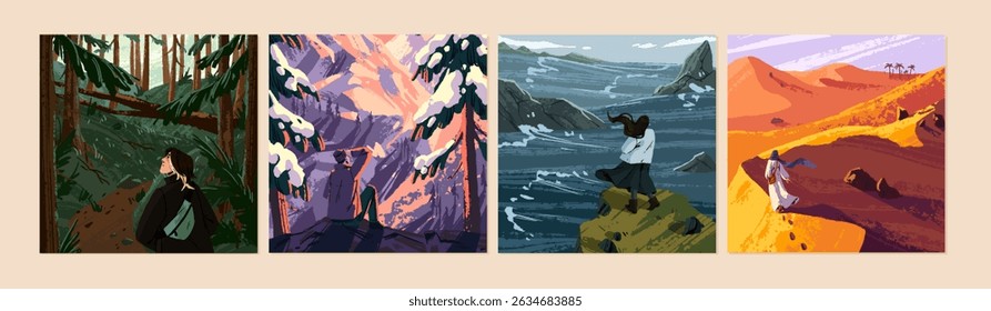 Postcard designs with nature views set. Forest, mountain, desert, sea landscapes. Card templates with people travel, walk at peaceful sceneries in winter, summer. Flat vector illustrations.