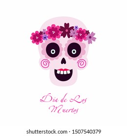 A postcard with Dia de Los Muertos and a woman's sugar skull with flowers. Design for the Mexican holiday Day of the dead. Vector illustration