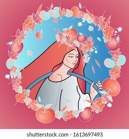 postcard with for different holidays, with the image of a beautiful young girl in a wreath of leaves and apples, the personification of the time of year. Isolated round frame made of leaves and apples