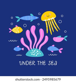 Postcard with different sea animals and seaweed. Handwritten inscription "Under the sea". Vector illustration
