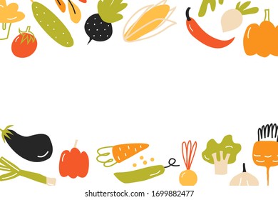 Postal con diferentes verduras. Plantilla con espacio para texto. Plantilla para diseño de menú, postales, invitaciones. Verduras en un fondo blanco. Ilustración vectorial plana.
