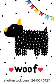 Сute postcard with a dog. Pug. Children's illustration. The poster is cartoon.