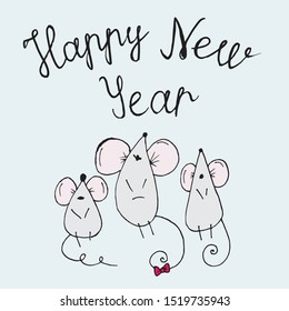 postcard Doodle little mice and lettering merry new year