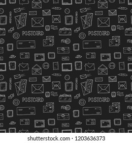 Postcard doodle seamless pattern . Hand drawn vector collection. Postcards, stamps and postmarks icons.