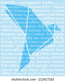 Postcard with dove origami on background of word "freedom" in different languages of the world
