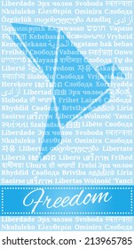 Postcard with dove origami on background of word "freedom" in different languages of the world