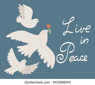 Postcard with doves and the inscription live in peace. Vector graphics.