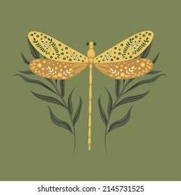 Postcard with a dragonfly in boho style. Vector graphics.