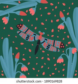 Postcard dragonfly in the grass. Cute butterfly in the tropics of the forest. Poster hovering, multicolored, winged, whiskered, pollinating flowers, moth, silkworm, mol, cutworm, dragonfly.