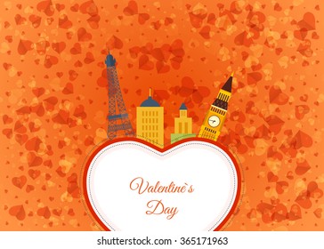 Postcard drawing the Eiffel Tower on the background of the heart. Vintage heart and ribbon Valentines day vector illustration. Valentines Day gift card. Invitation card for wedding.
